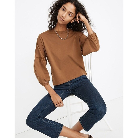 NWT MADEWELL 3/4-Sleeve Crepe Drop-Shoulder Bubble-Sleeve Tee Grey - Picture 2 of 9